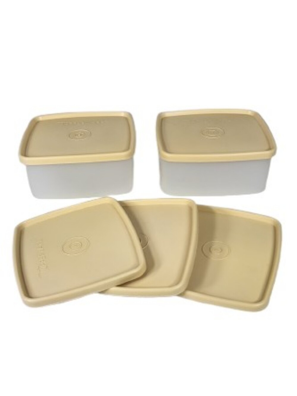 Tupperware 2 Clear Square Food Storage Container with 5 Almond Lids #311-55 & 54